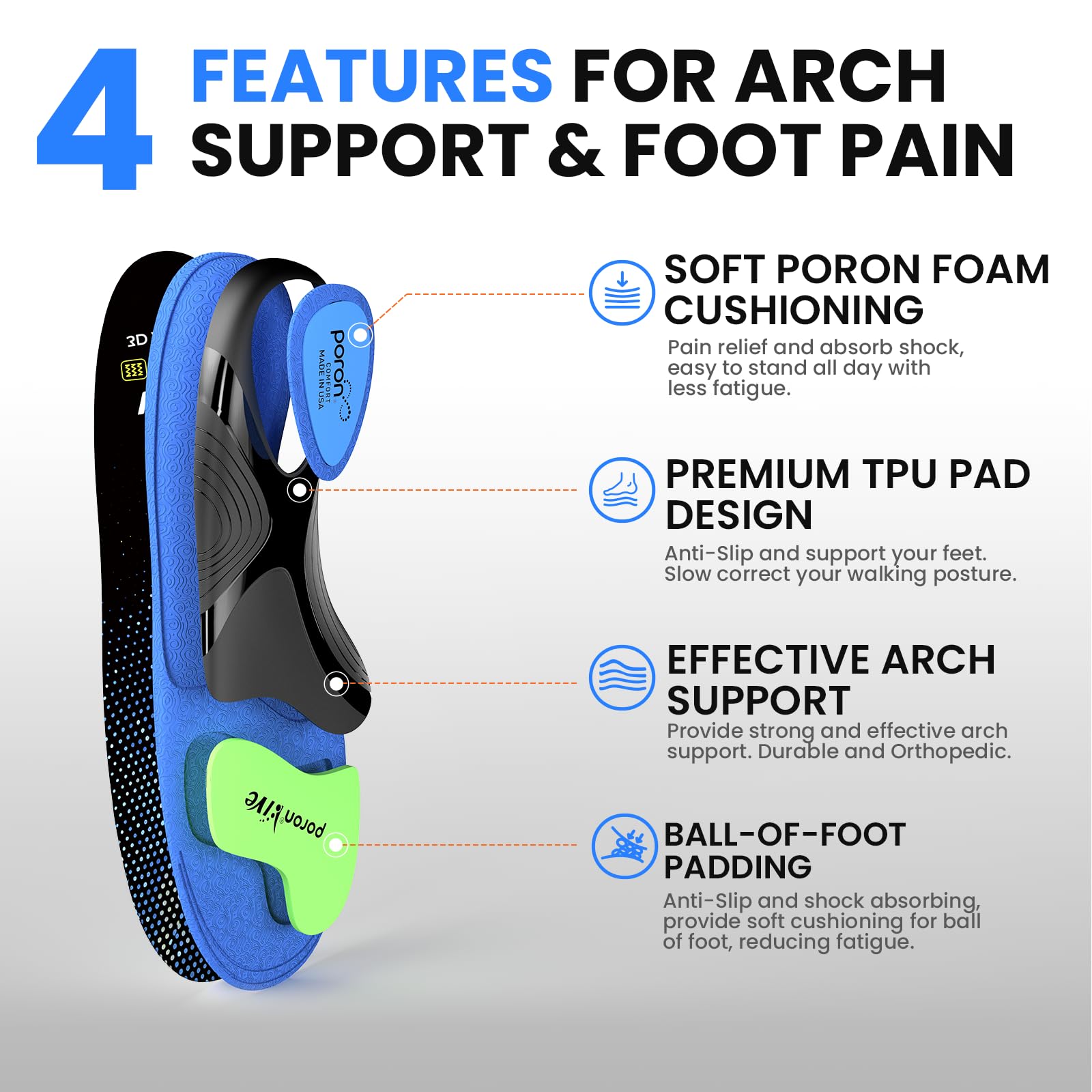 Fasciite plantaire travail haut arc semelles - Welnove 220 + LB Heavy Duty semelleS pour soulager la douleur au pied flat foot, semelles orthopédiques pour la plupart des chaussures hommes femmes (L)