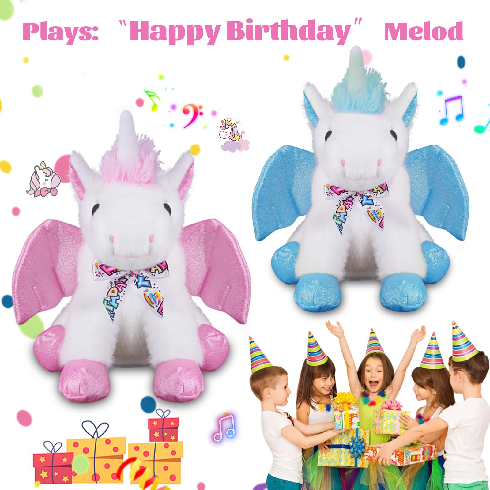 Happy Birthday Gifts - Peluche a forma di unicorno con la canzone di buon compleanno, unicorno con ali mobili, regalo per feste per bambini, ragazzi, ragazze, bambini, 28 cm, rosa