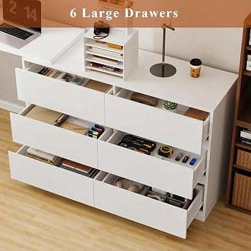 White L-Shaped Computer Desk with 6 Drawers for Home Office