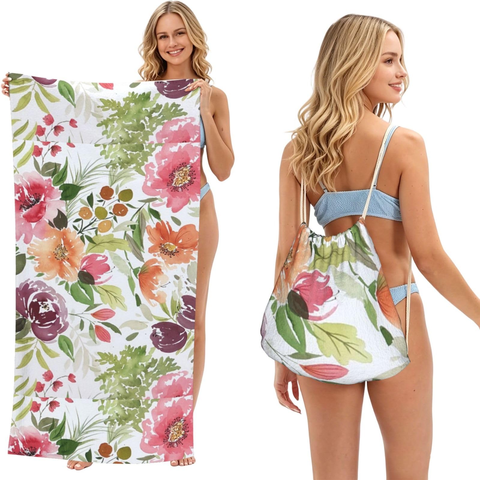 Poadnly As Picture Peach Peony, 2 In 1 Packable Towel Bag, Beach Towels With Drawstring Backpack For Travel Holiday Camping