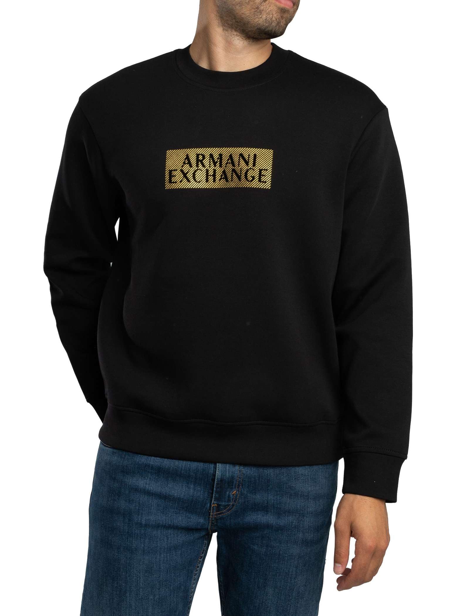 Armani Exchange Men's Black Printed Long Sleeve Round Neck Sweatshirt - Sweatshirts - 2XL- Sweatshirts & Hoodies