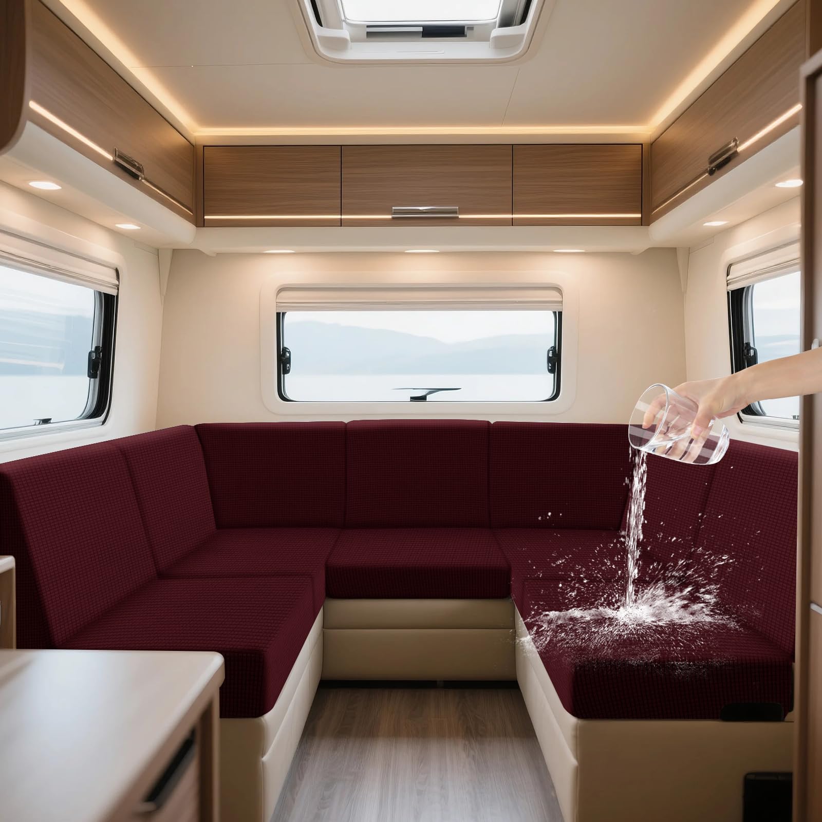 ZYBSLCSY Waterproof Caravan Seat Covers and Backrest Covers, Non-Slip Motorhome Slipcovers with 4 Straps, Jacquard Stretch RV Sofa Covers (Burgundy,W 165-200cm,D 65-95cm)