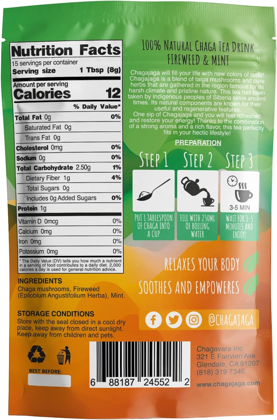 100% Authentic ChagaJaga Mushrooms + Herbs, Chaga Herbal Tea (4.23oz) Vegan, Non-GMO, Gluten Free (Fireweed & Mint) : Grocery & Gourmet Food