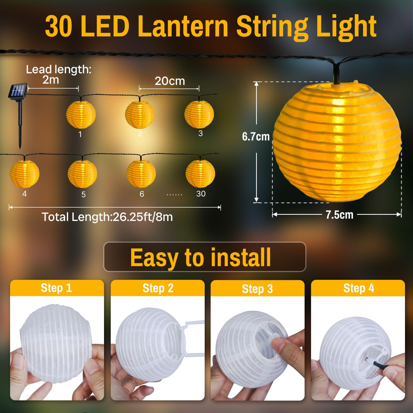 Caldarax Guirnaldas de Luces Solares Linternas, 8M 30 LED Farolillos Cadena de Luces, 8 Modos IP65 Impermeable Linternas Solares Exterior para Decoración Jardín, Patio, Balcón, Fiesta (Blanco Cálido)