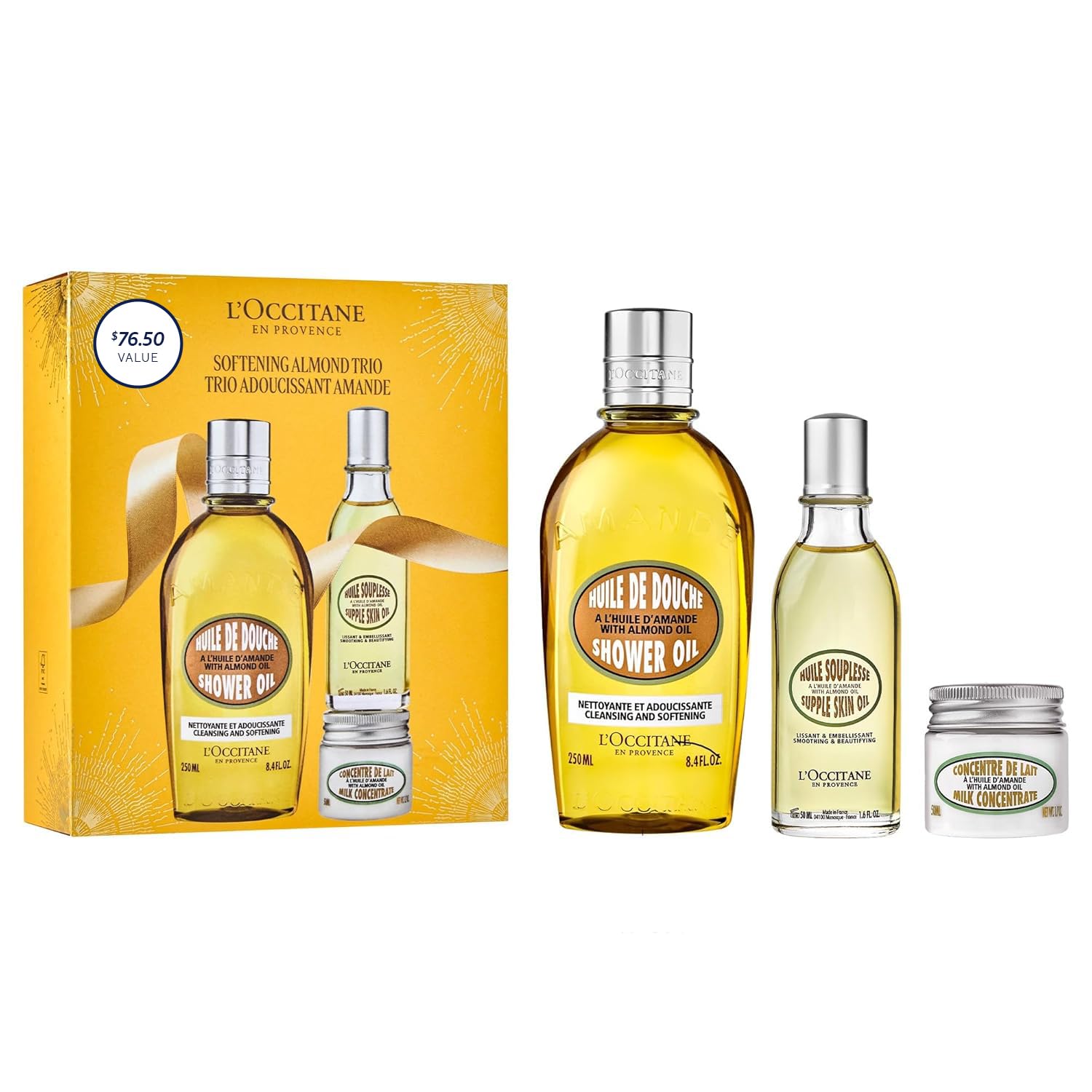 L'OCCITANE Almond Skin Softening Trio: Best Gift Set With Cleansing Almond Shower Oil Body Wash, Moisturizing Almond Milk Concentrate, Almond Hand Cream