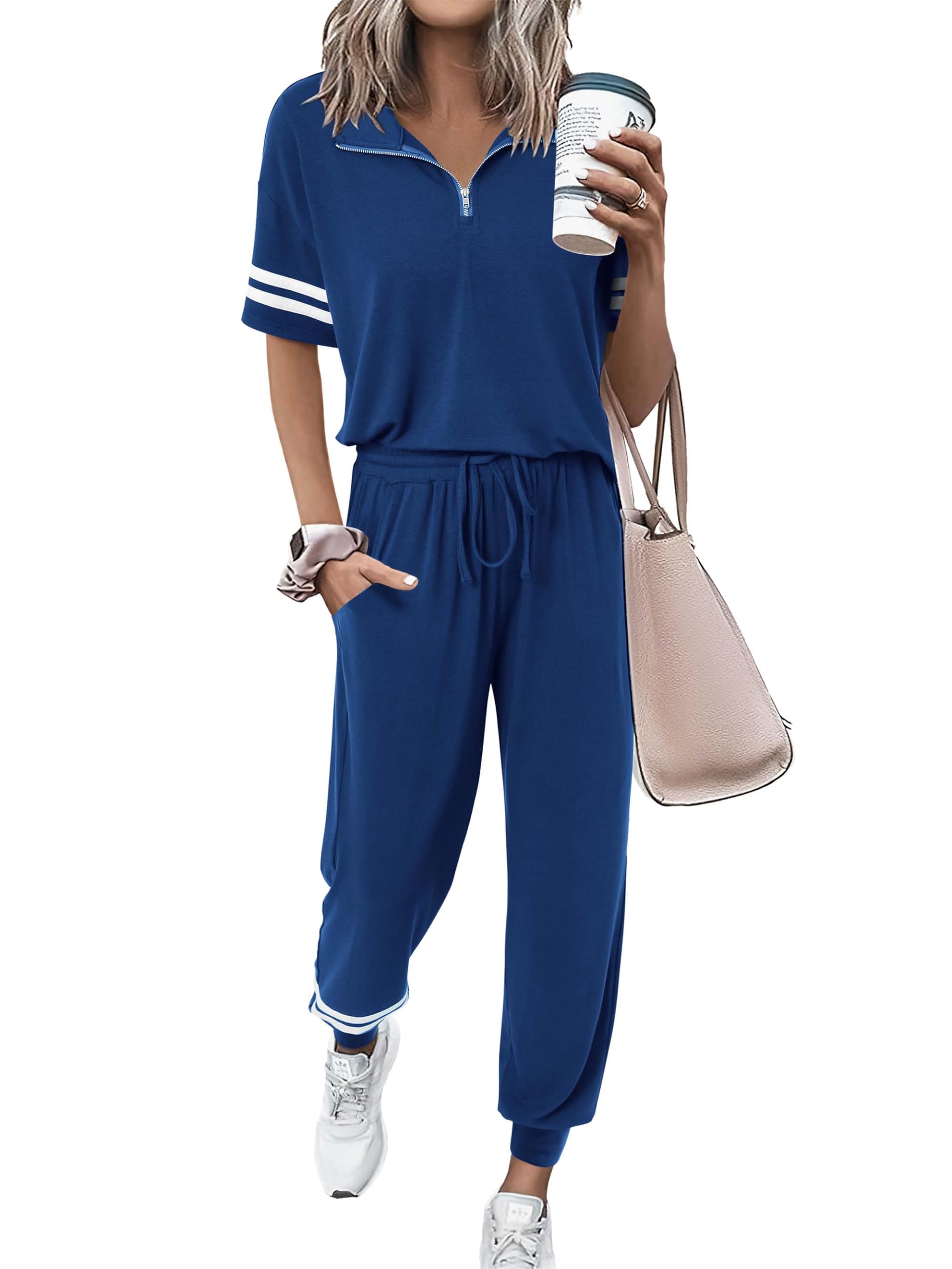 MASCOMODA 2 Piece Outfits for Women 2025 Summer Casual Quarter Zip Short Sleeve Tops Long Pants Tracksuit Jogger Lounge Sets