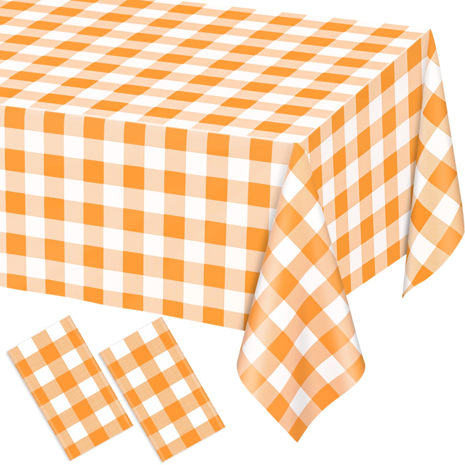 WNINK 2 Pack Orange and White Checkered Rectangular Plastic Tablecloths, Orange Gingham Waterproof Disposable Table Covers 54" x 108" for Birthday, Wedding, Outdoor Picnic Camping Parties