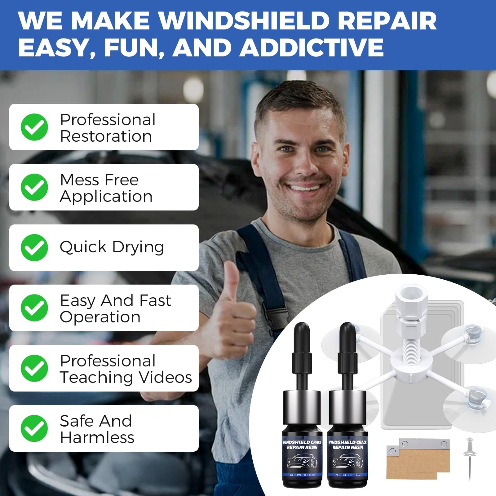 Windshield Repair kit, Quick and Efficiency Glass Repair Fluid, Car Windshield Crack Repair Resin Kit for Fixing Chips, Bulls-Eye, Cracks and Star-Shape Cack-2 Pack - 5