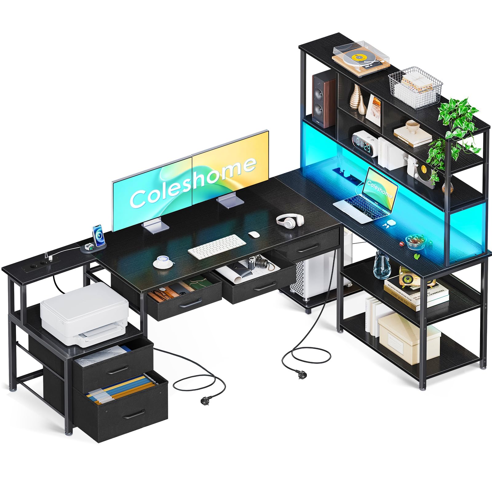 Coleshome Escritorio de Esquina con 5 Cajones y 4 Estantes, 200×110×154.2 cm Escritorio en L con Luz LED, Tomas de Corriente y USB, Escritorio Grande para Oficina en Casa, Negro