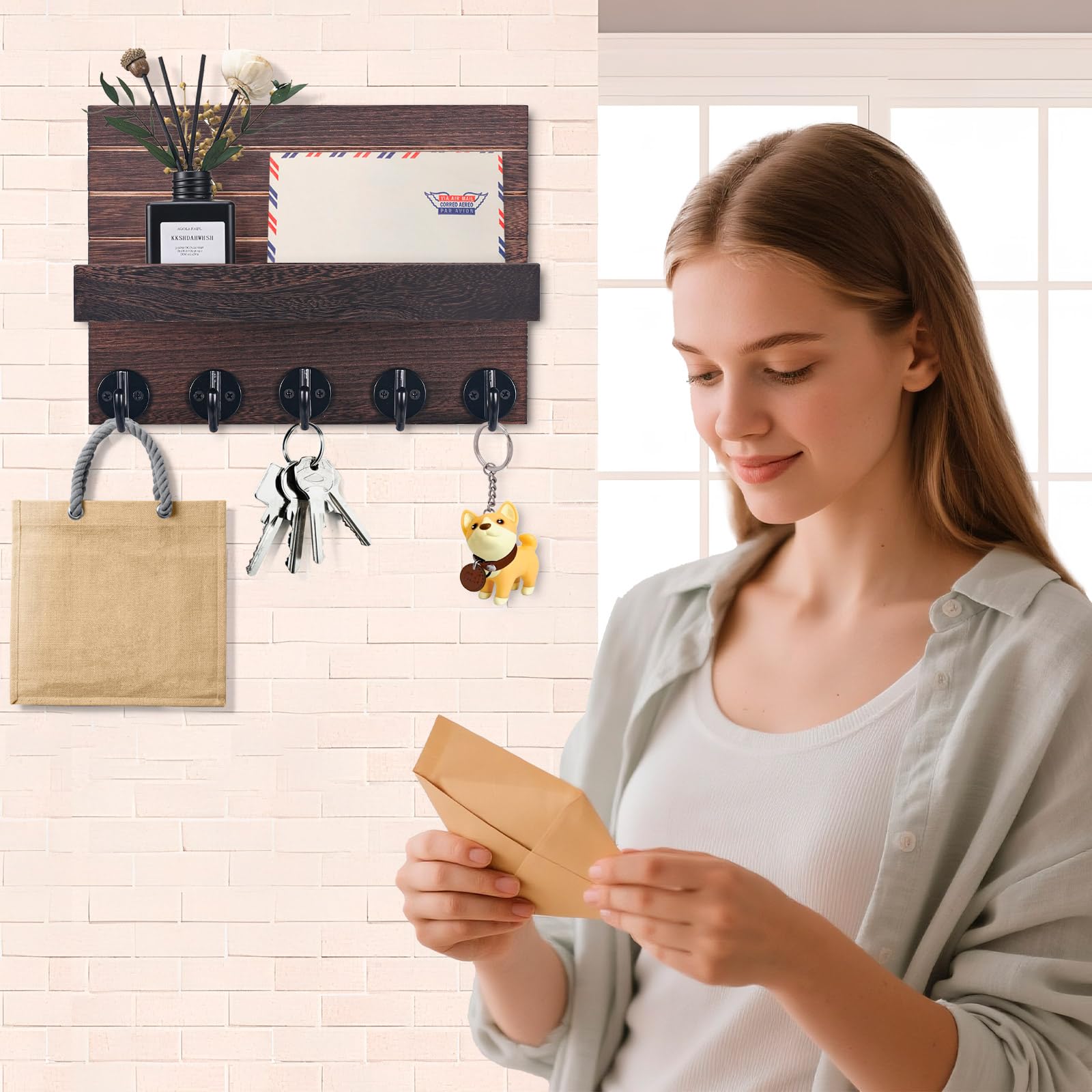 Llavero de Madera para Pared, Portallaves de Madera, Ganchos para Llaves Montados en la Pared, Organizador Llaves con 5 Ganchos para Llaves, para Llaves, Cartas, Periódicos (Marrón)