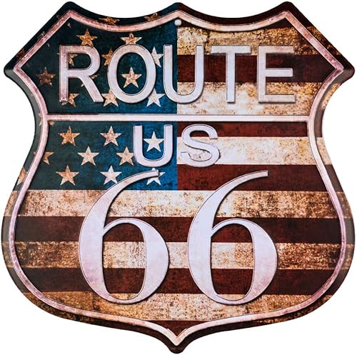 Letrero de metal retro Route 66 de 11 x 11 pulgadas con montaje en pared y accesorios de montaje