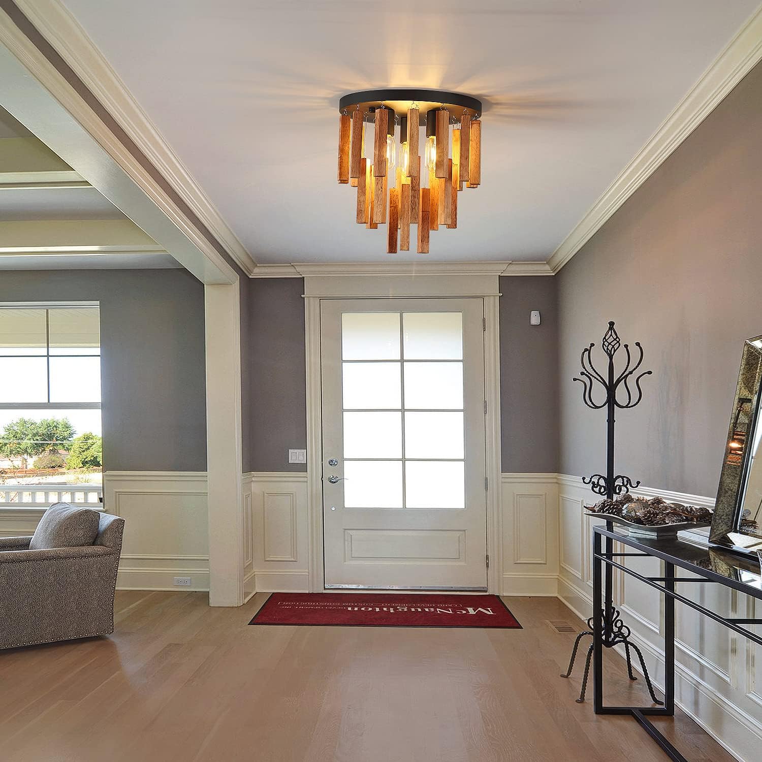 Oak and Black 3-Light Semi Flush Mount Ceiling Chandelier