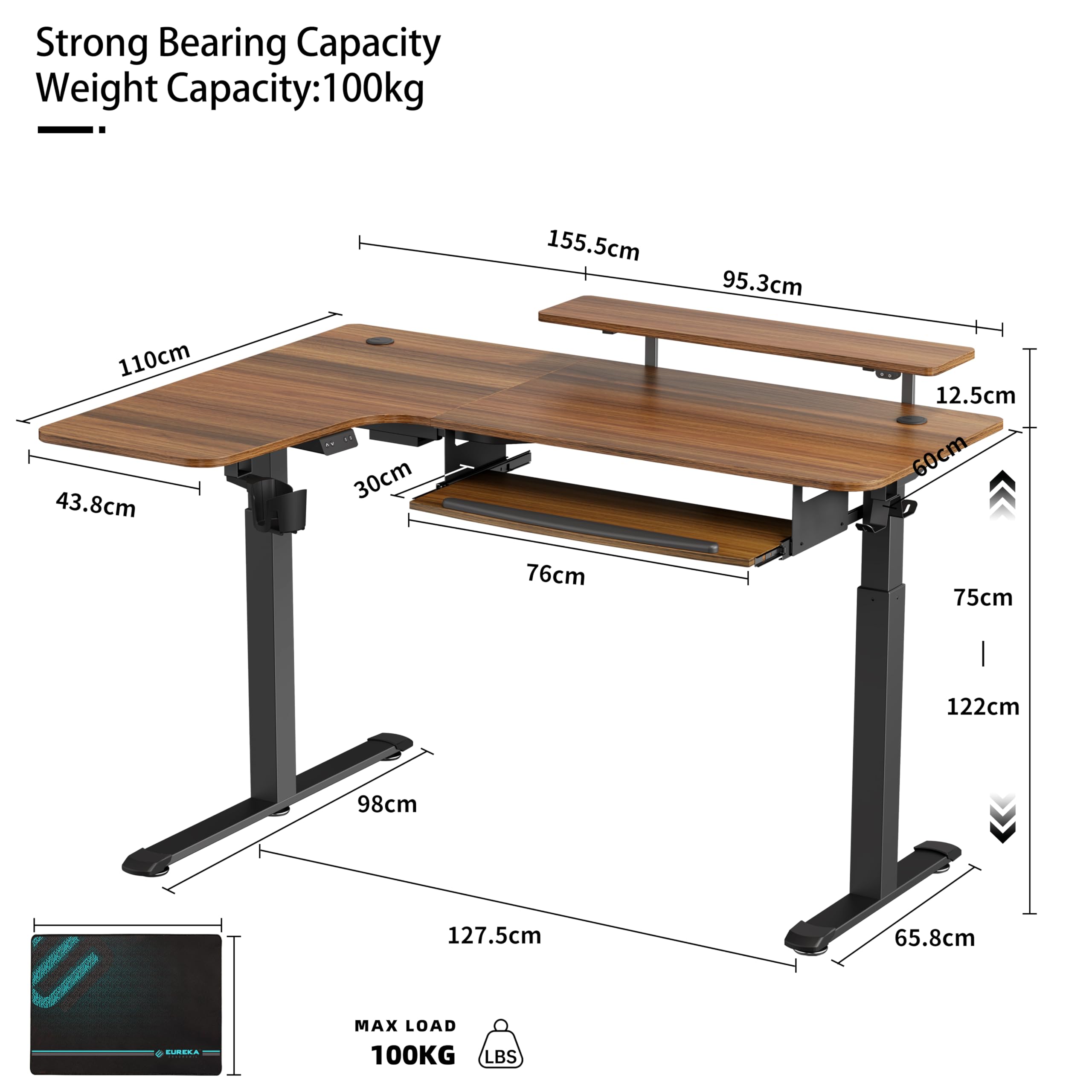 EUREKA ERGONOMIC In hoogte verstelbaar bureau, 155 x 110 cm, groot hoekbureau, in hoogte verstelbaar, elektrische gamingtafel, L-vorm met toetsenbordplank, led-monitorstandaard