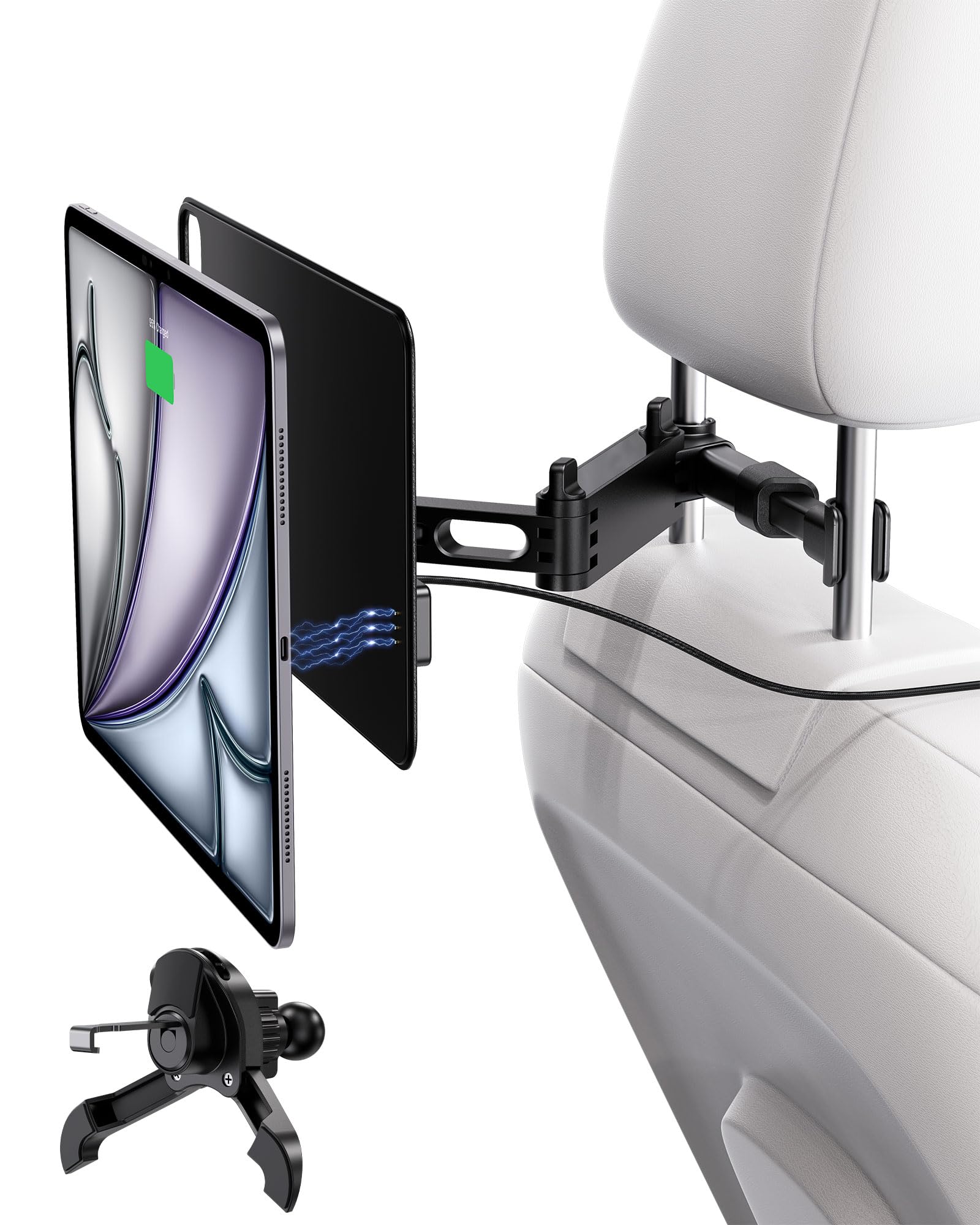 KU XIU Magnetisches Laden Tablet-Halterung Kopfstütze für iPad Pro 12.9/Air 13 M2/M3, Lange Arm Tablet-Halterung Rücksitz für Kinder, Ständer für Roadtrip-Zubehör für iPad Pro 12.9'' 3rd/4th/5th/6th