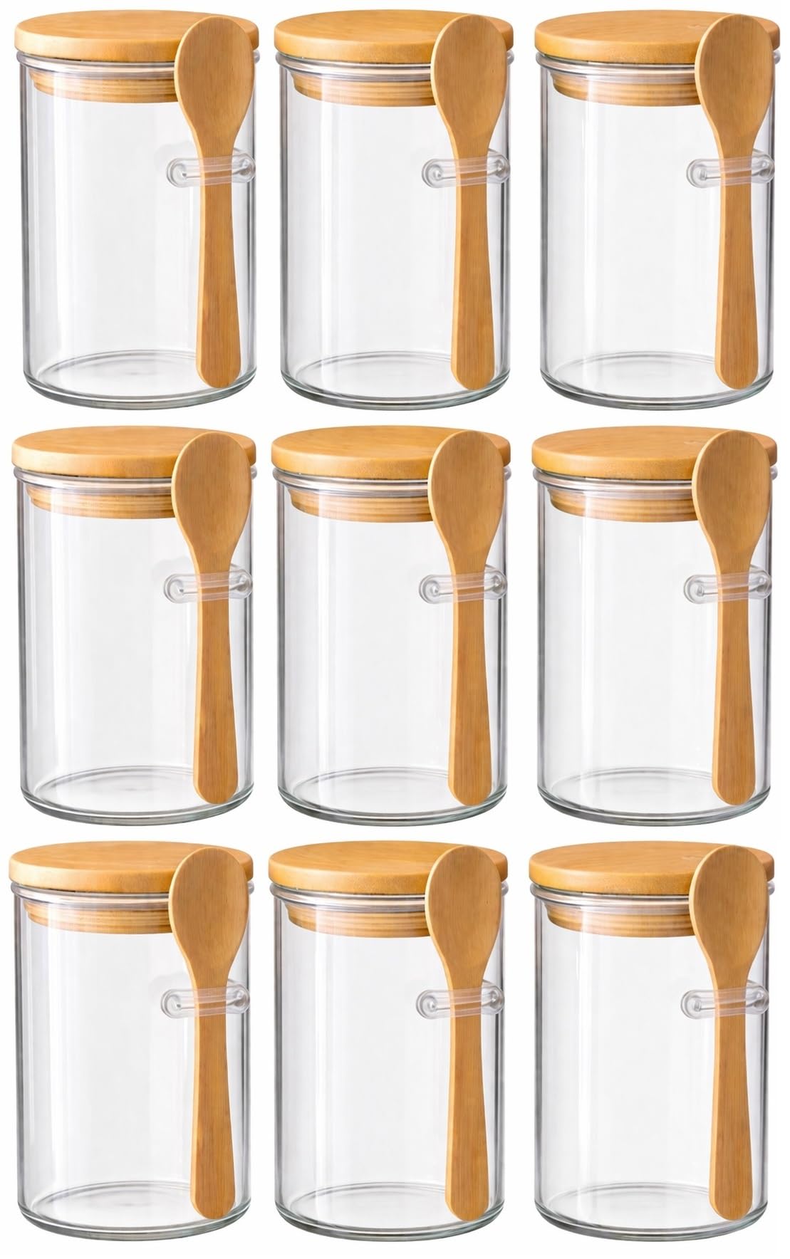 Print Maniacs Transparent Airtight Glass Storage Jar Set 300Ml With Bamboo Lid And Spoon Small Kitchen Container For Spices Sugar Honey Tea Seasoning Clear Glass Canister Food Storage Jar