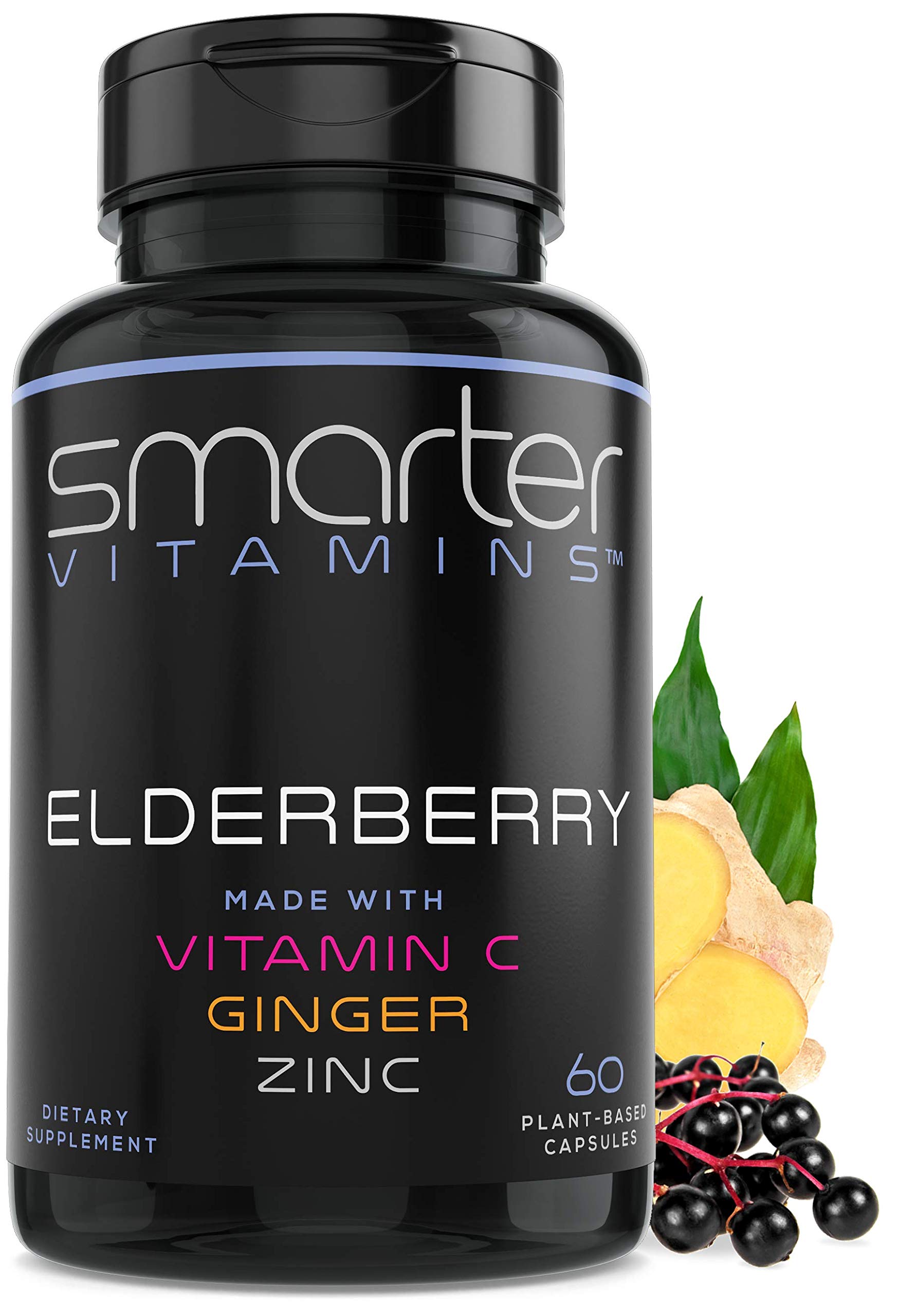 - Smarter Elderberry Capsules + Vitamin C + Ginger & Zinc, Herbal Supplement, Powerful Black Elder Berry Extract Antioxidant Vitamin, 60 Vegan Pills