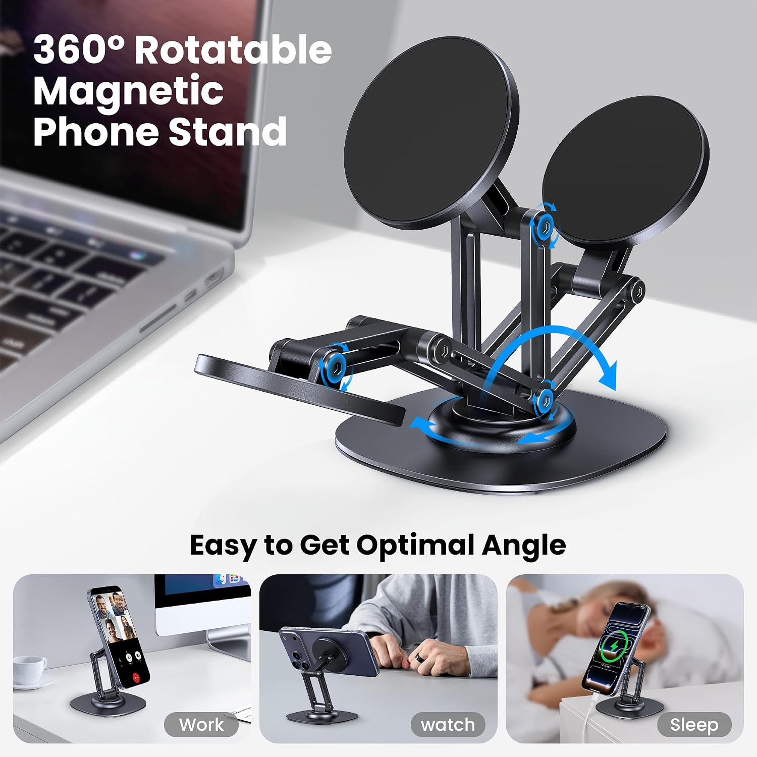 Magnetic Phone Stand, Fits for MagSafe, 360° Rotation Adjustable Strong Magnets Desk Office Kitchen Foldable Phone Holder Stand with Non-Slip Base for iPhone 17/16/15/14/13/12 Series, Black