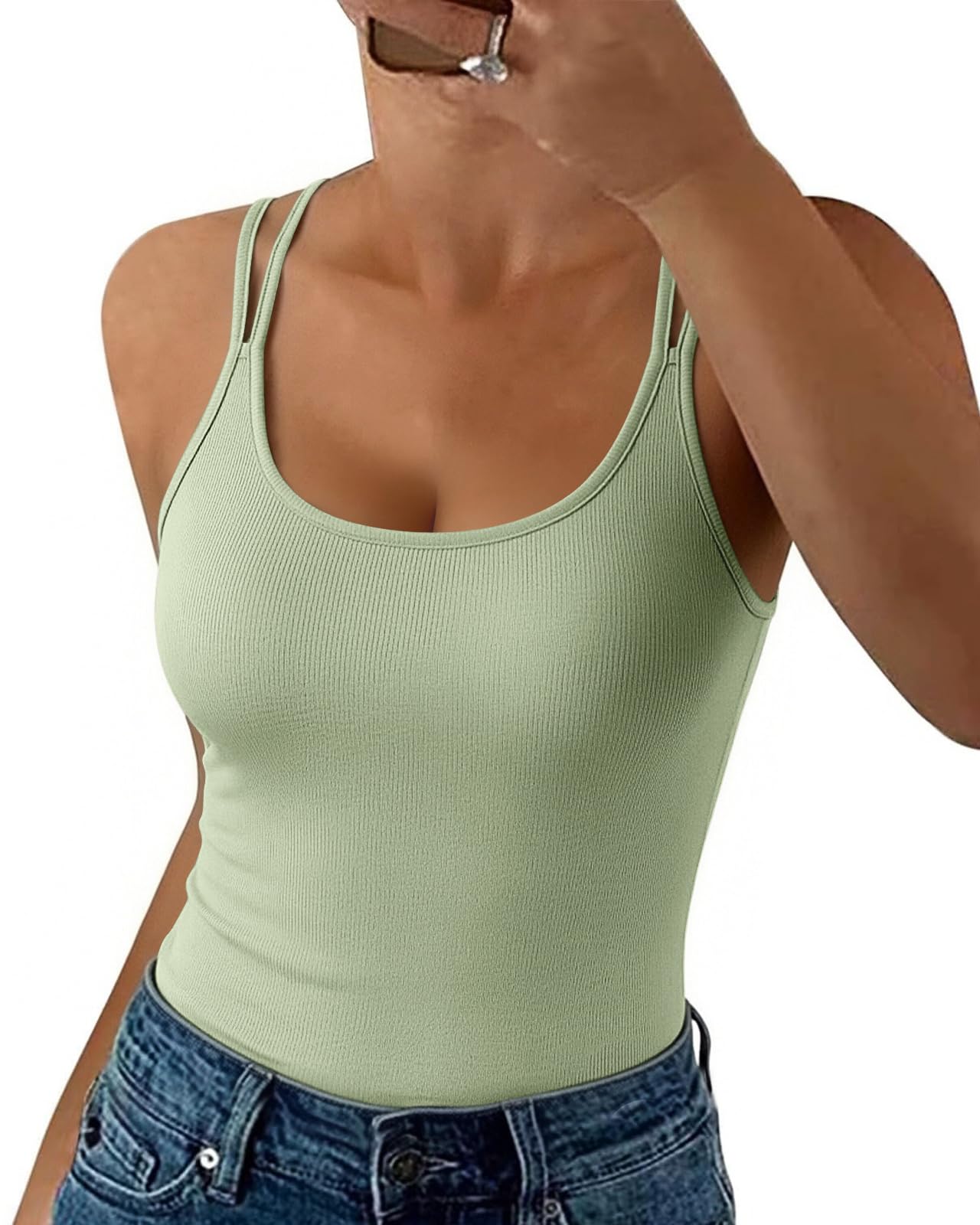 HMIYA Spaghetti Tank Top Damen Sommer Gerippt Rückenfrei Stretch Slim Fit Oberteile Sexy U-Ausschnitt Ärmellos Basic Camisole