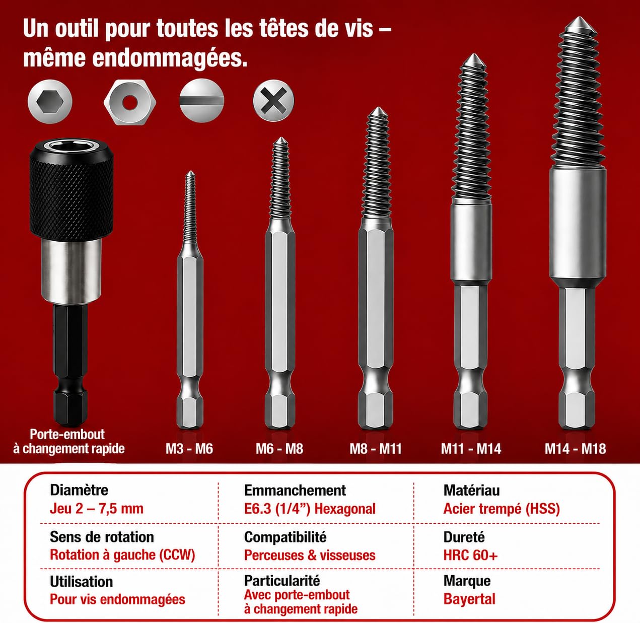 Lot de 6 extracteurs de vis E6.3 - Extracteur gauche avec porte-embout à changement rapide - Tournevis + extracteur pour vis endommagées et coincées