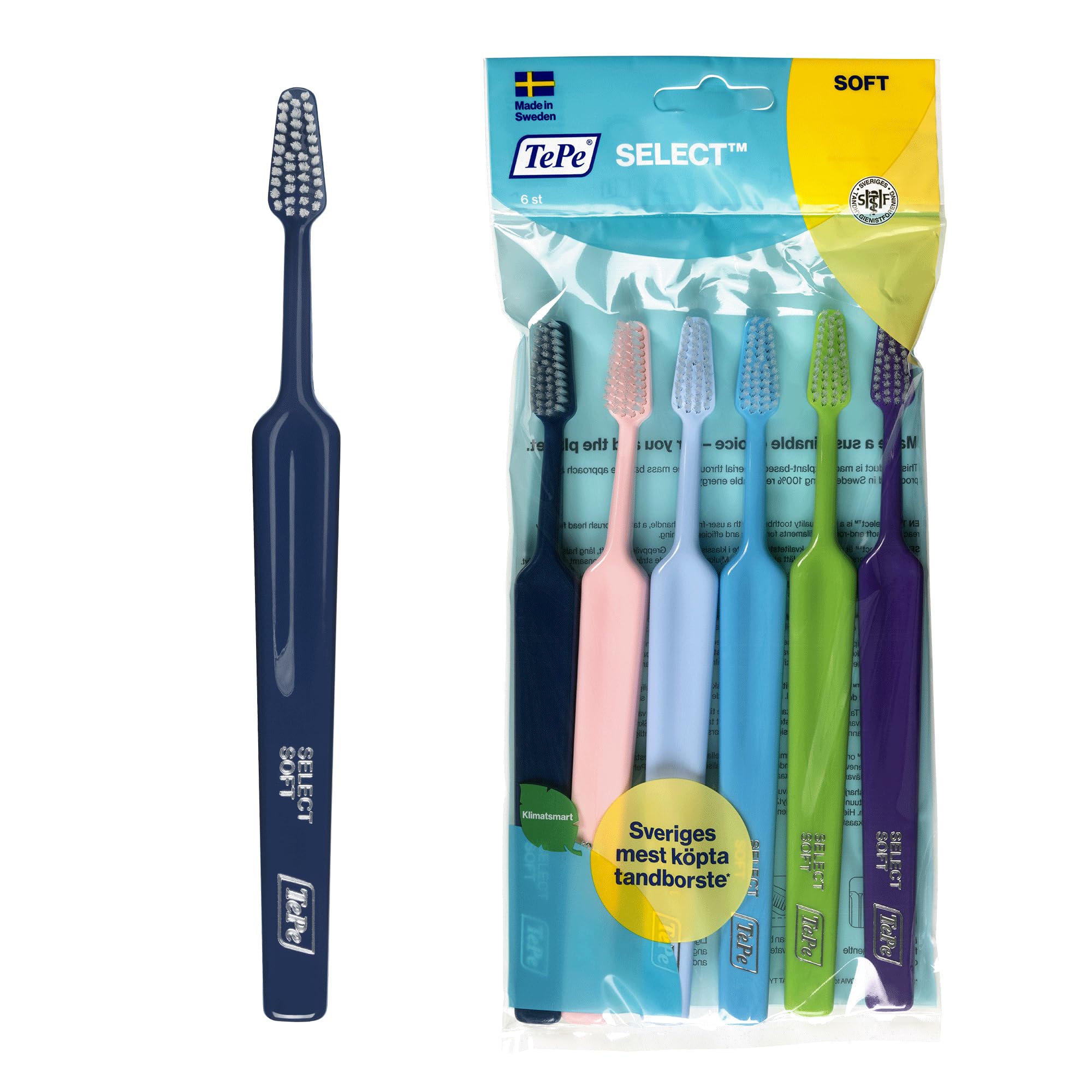 TePe Select Toothbrush, Soft, Assorted Colours, 6pcs, efficient for Plaque Removal with Tapered Brush Heads, Gentle Cleaning with Soft Bristle Toothbrush
