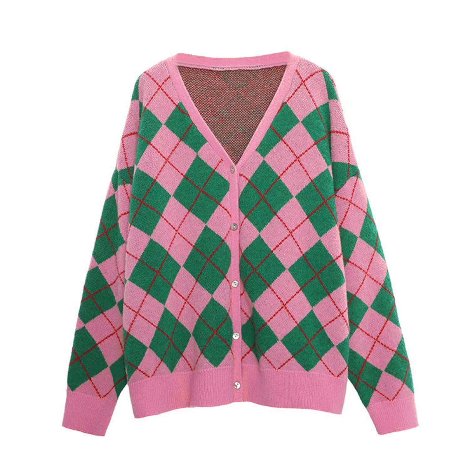 Hyipels Womens Long Sleeve Cardigan Sweater Cute Y2K Top Knit Colorful Patterned V Neck Button Outwear S XL