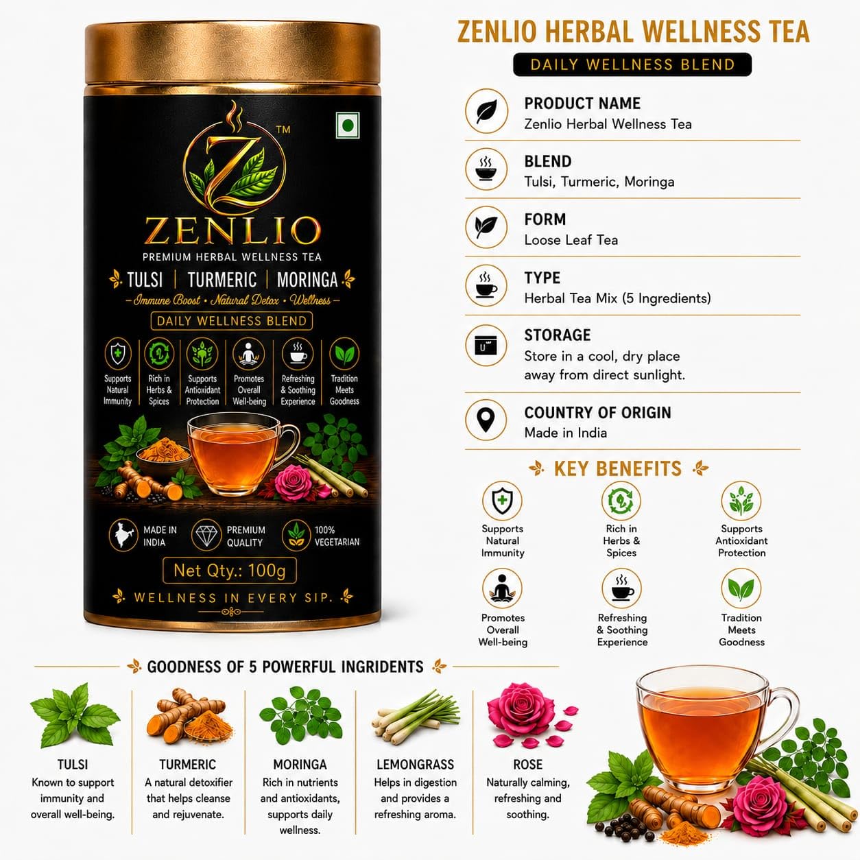 ZENLIO Premium Herbal Wellness Tea with Tulsi, Turmeric and Moringa, Immune Boost, Natural Detox, 100% Vegetarian, 100g product image 3