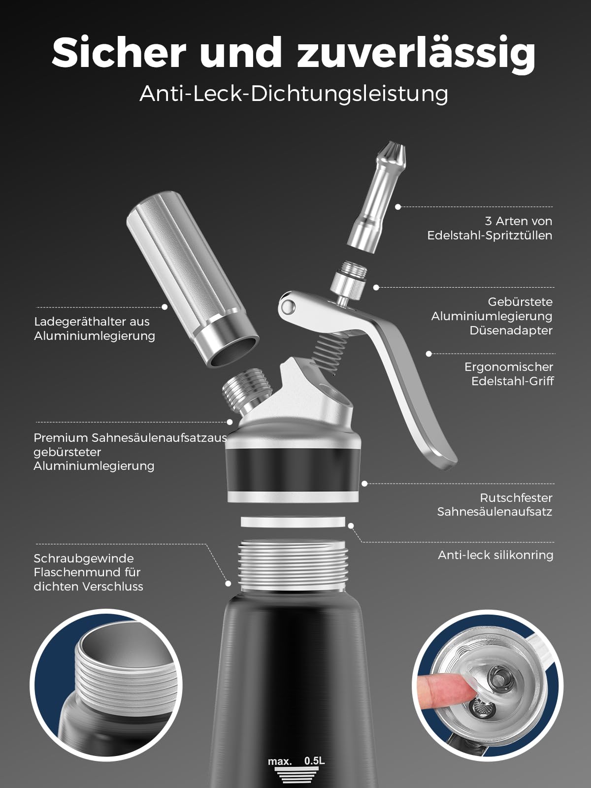Professioneller Sahnespender aus Aluminium 500ml / 1 Pint, auslaufsicher für Desserts und Kaffee, 3 Dekorationsaufsätze, lebensmittelgeprüft, N2O Kapseln Nicht enthalten