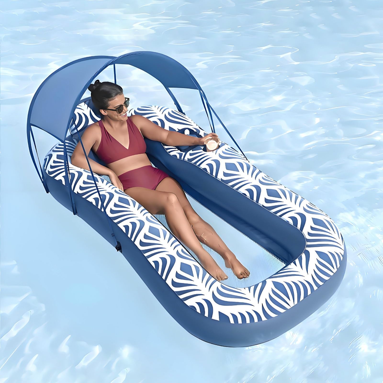 Matelas Gonflable Piscine, Bouee Piscine avec Auvent et Porte-gobelet, Conception Anti-Fuite au Fond, pour la Mer et la Rivière