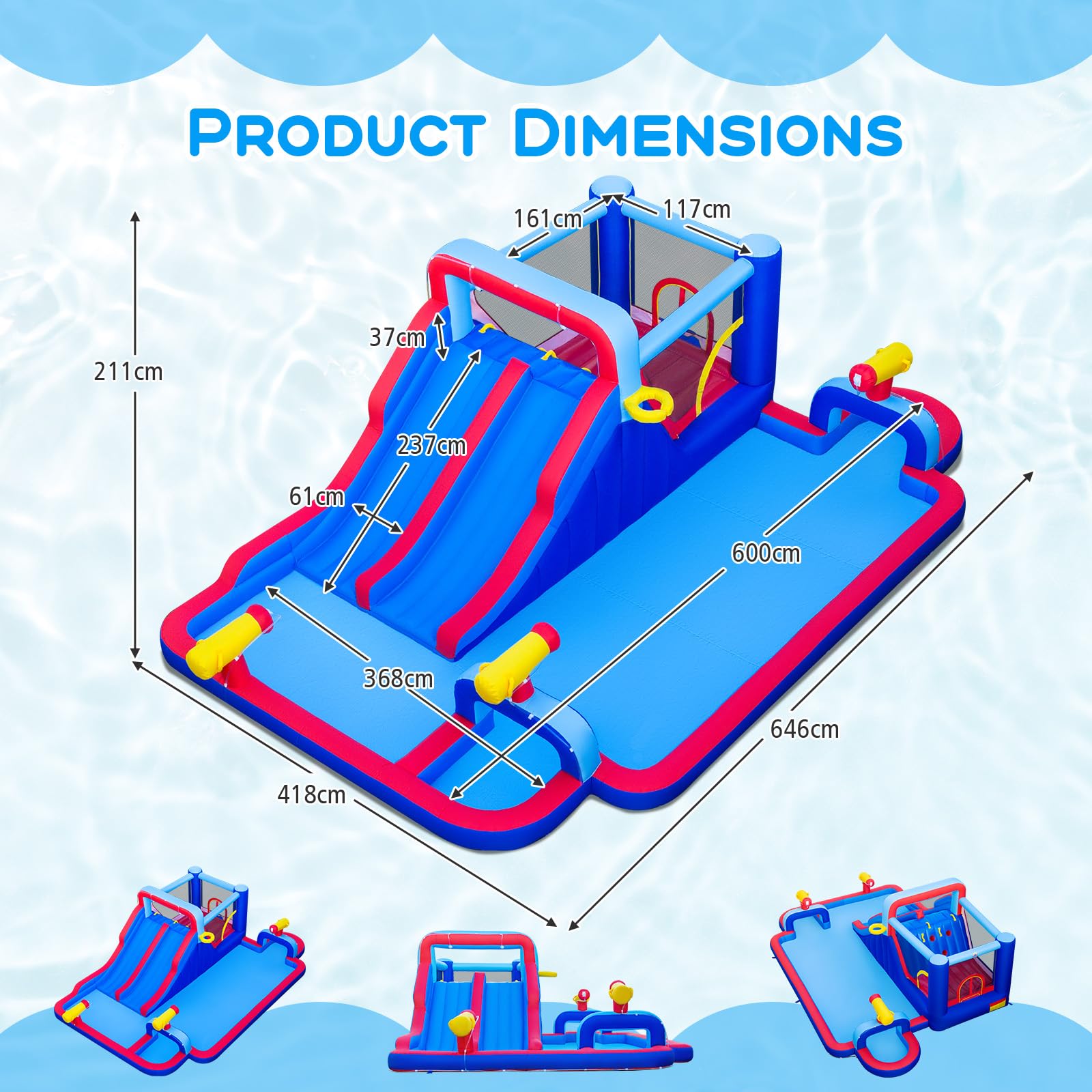 GOPLUS Castillo Hinchable, Castillo Inflable 2 en 1 con Pared de Escalada, Cañones, Piscina de Chapoteo y Tobogán Acuático, Casa de Saltos Infantil para Interior y Exterior, Soplador No Incluido
