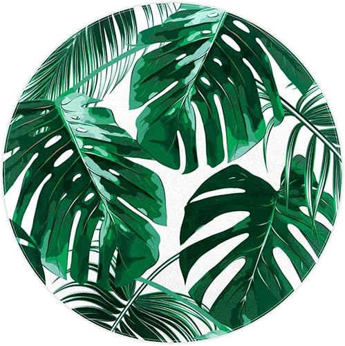 Mantel redondo de vinilo con diseño de hojas tropicales verdes, 60 pulgadas, mantel de vinilo impermeable con reverso de franela, mantel redondo