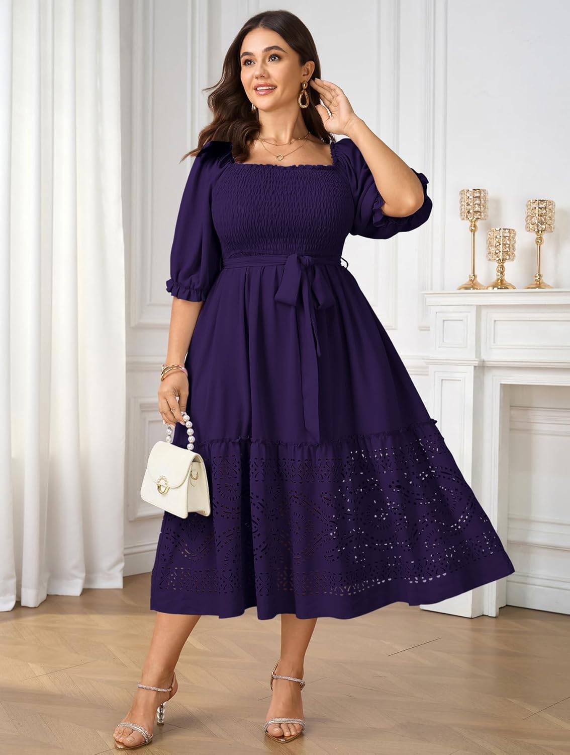 Women's Plus Size Wedding Guest Dress 3/4 Sleeve Square Neck Smocked Empire Waist Tie Boho Eyelet Maxi Long Dresses - Image 2