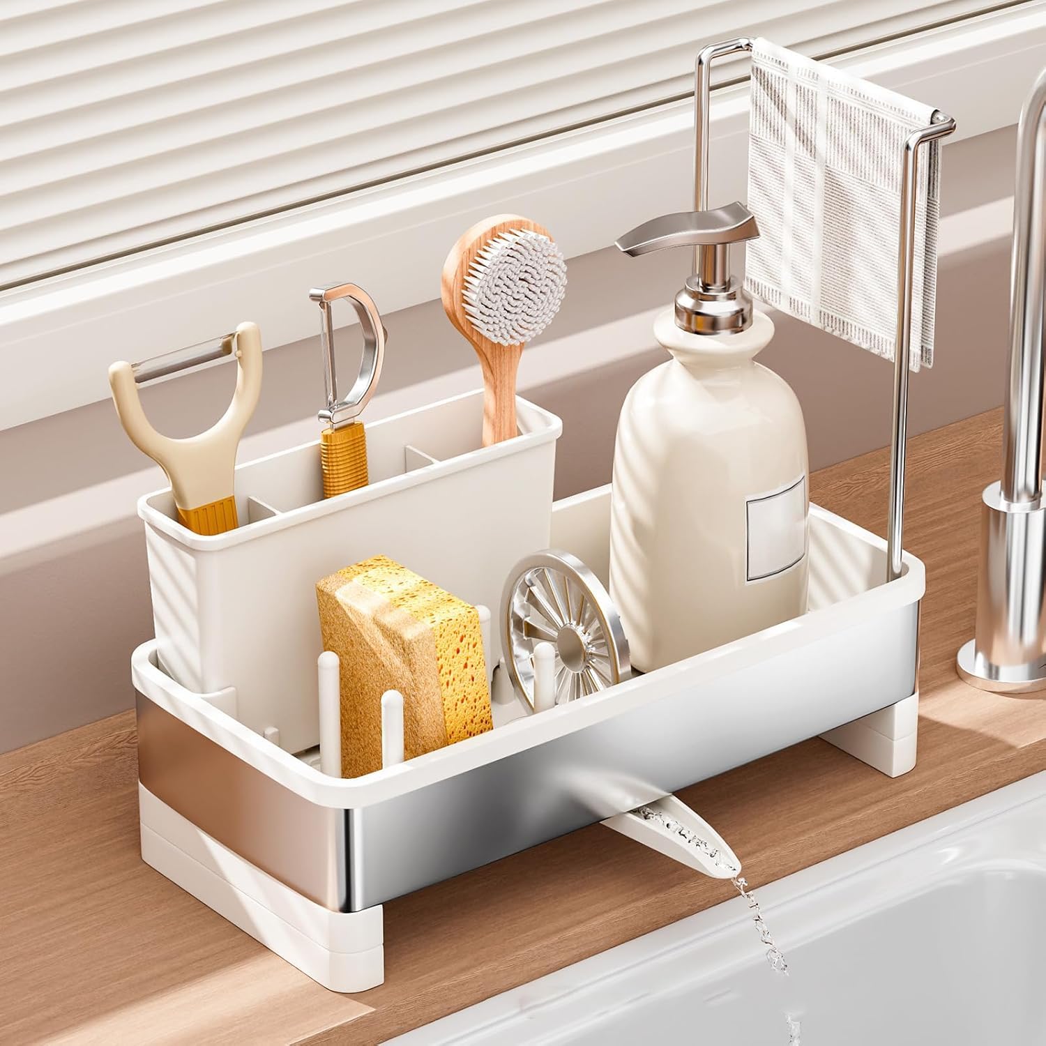 White Sponge Holder for Kitchen Sink, Stainless Steel Sink Caddy Organizer with Removable Brush Holder, Kitchen Countertop Soap Dispenser Storage with Detachable Towel Rack