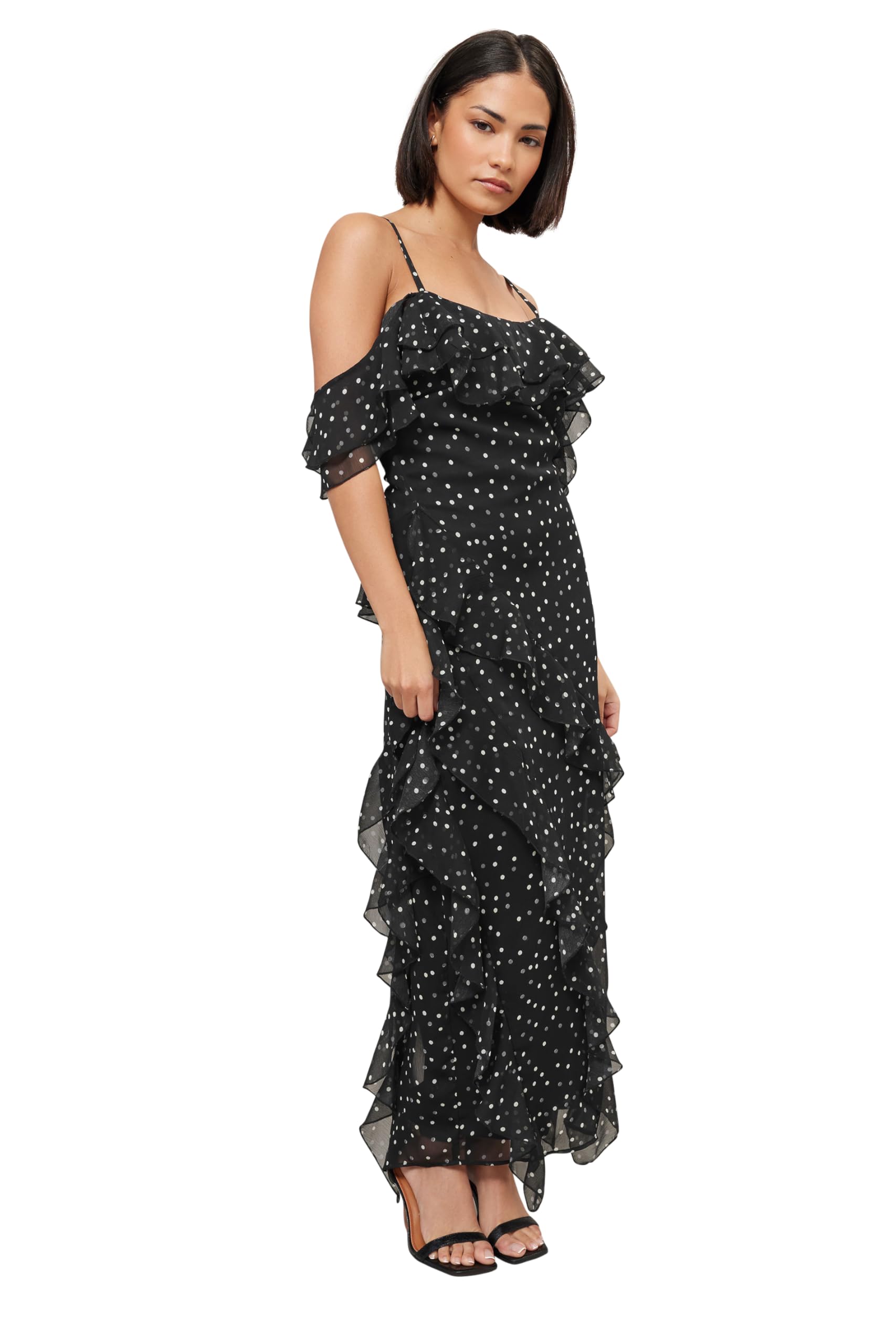 Pixiegirl Women's Black Petite Chiffon Ruffle Maxi Dress In | Size: 8