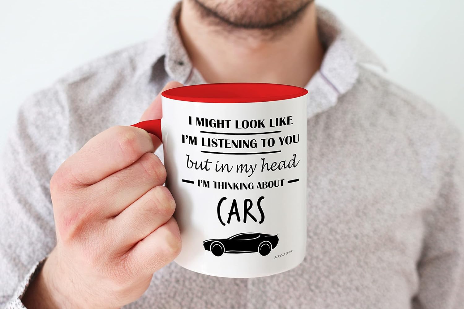 Gifts for Car Enthusiasts - in My Head I'm Thinking About Cars - Funny Classic Car Mug, Gifts for Cars Lovers, Petrol Head Gifts, 11oz Ceramic Dishwasher Safe Premium Red Handle Mugs - by Stuff4 - Image 5