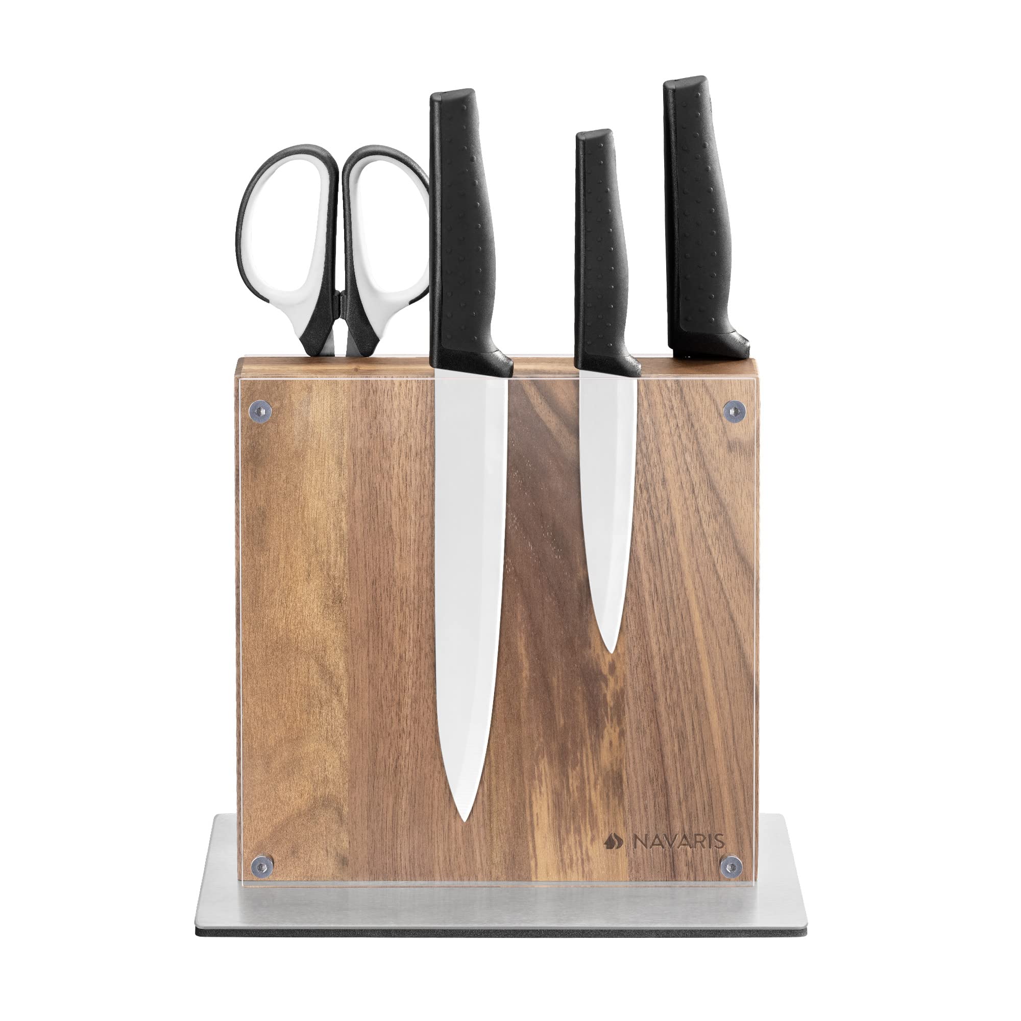 Navaris Bloc à Couteaux magnétique - Bloc aimanté Double Face en Bois d'acacia avec Plaque Protection Acrylique - Range Couteau de Cuisine Vide