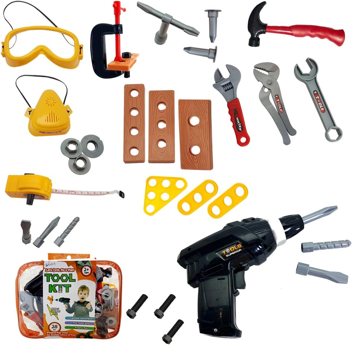 Skoolzy Kids Tool Set Toddler Toys Construction Montessori Materials with Real Cordless Drill, Tape Measure, Screwdriver, Toy Hammer, Wrench, Nuts and Bolts | 29 Pretend Play Tools with Toy Storage