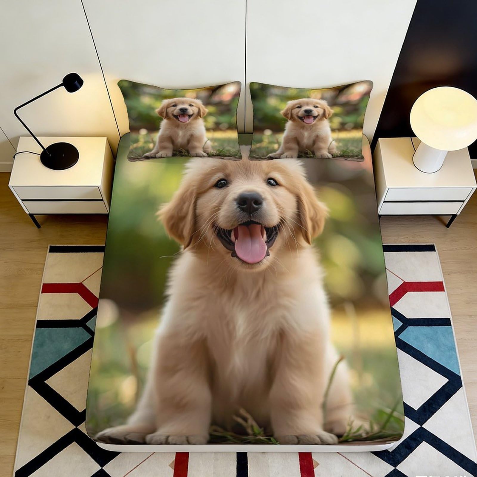 3D Printed Golden Retriever Puppy Fitted Sheet Microfiber Soft Anti-Slip Dog Bed Cover for Bedroom Guest Room Decor 200x200x25cm