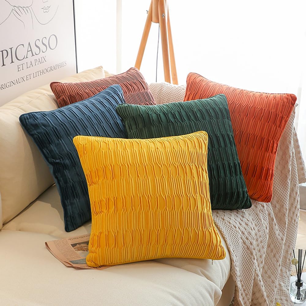 18x18 Inch Soft Velvet Throw Pillow Covers Set of 2 Soft Decorative Cushion Cases with Texture for Sofa Couch Bed Living Room (Ink Blue)