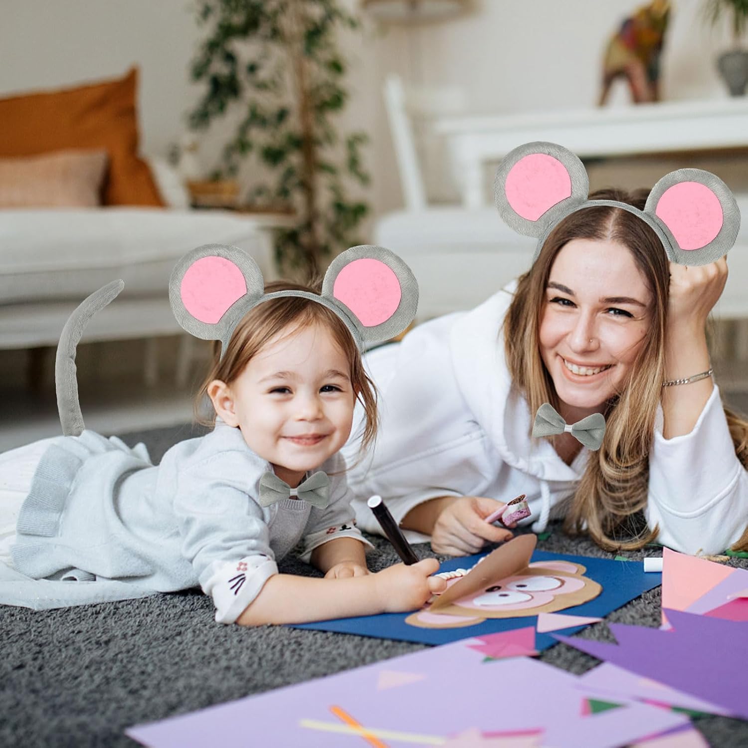 3 Pcs Mouse Ears Headband Costume Accessories Set,Grey Pink Rat Ears Headband/Bow Tie/Tail for Kids - Image 3