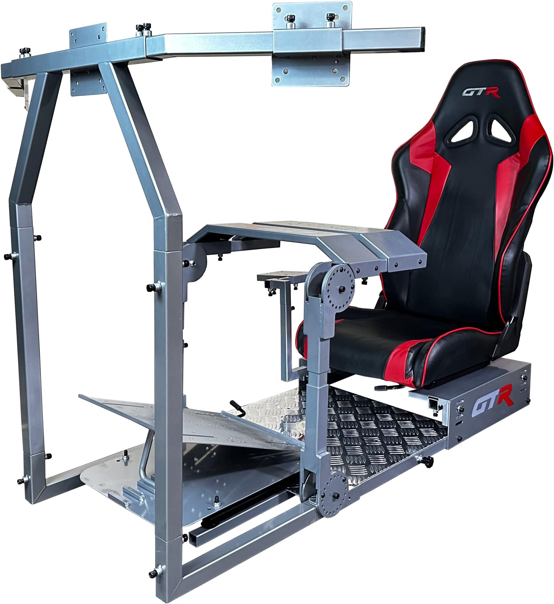 GTA-Pro Model Racing Simulator, Small Triple Mount, Fits up to Three 24" TV Monitors, Diamond Silver Frame, Black and Red Seat