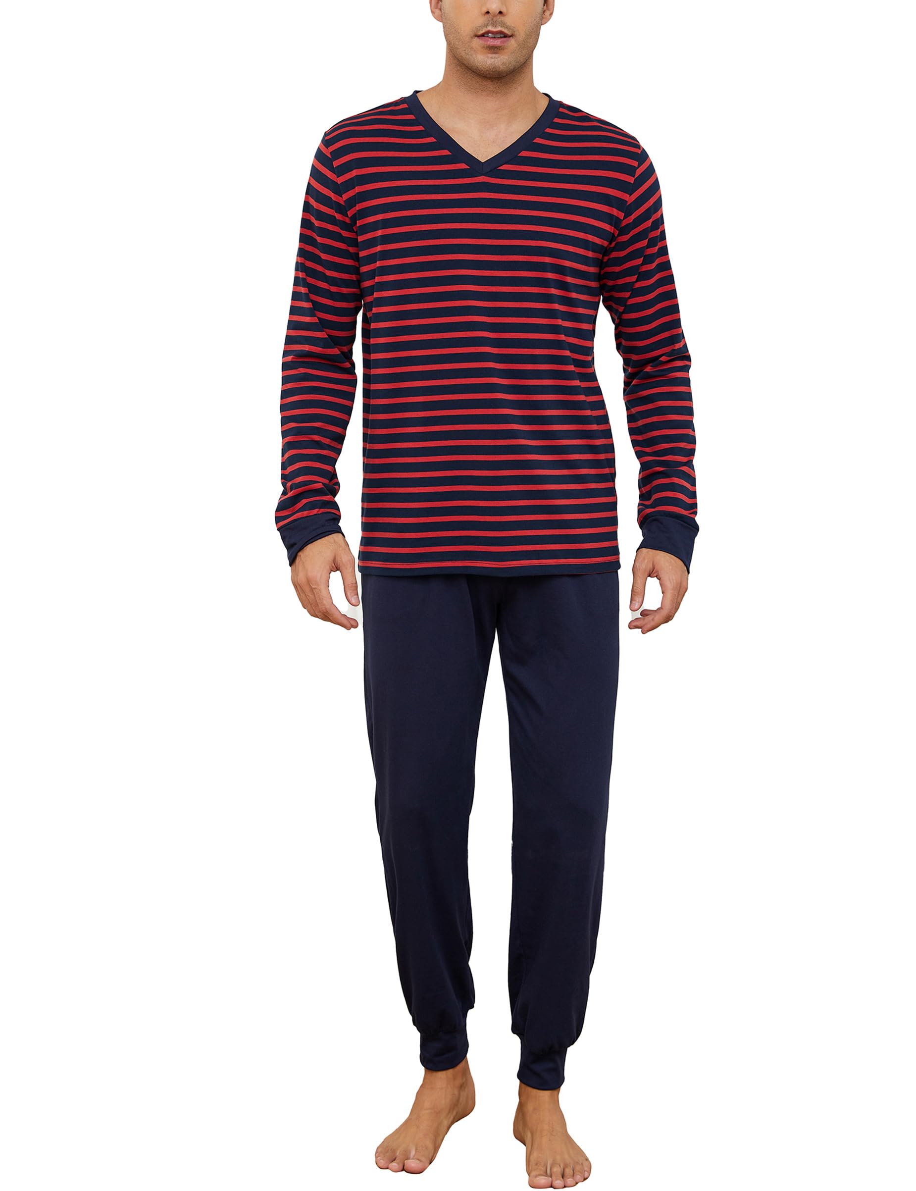 Bresdk Schlafanzug Herren Pyjama Lang Winter Langarm Oberteile mit Schlafanzughose Rot S