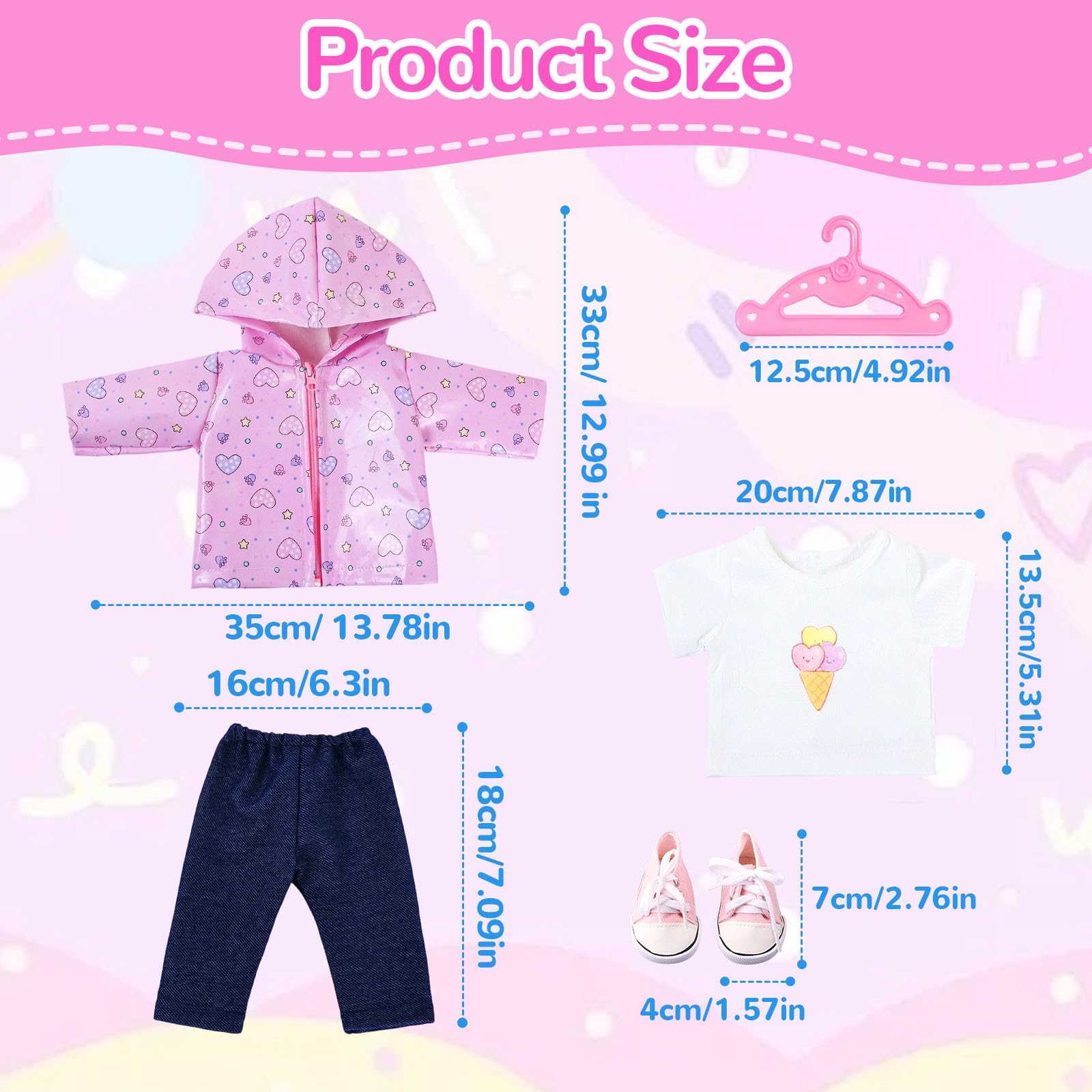 Puppenkleidung für 35-43 cm Newborn Baby Puppen, 4 Stück Magisches Regenmantel Puppenkleidung mit Regenjacke mit Kapuze, T-Shirt, Hose, Schuhe & Kleiderbügel, Baby Puppen Zubehör - 2