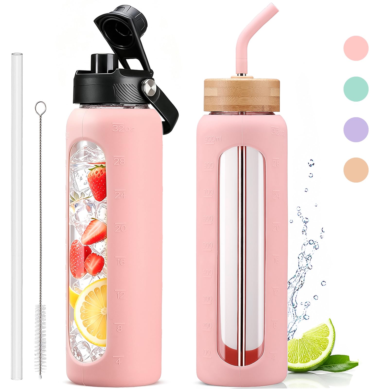 32oz Glass Water Bottle with Straw and 2 Lids, Pink