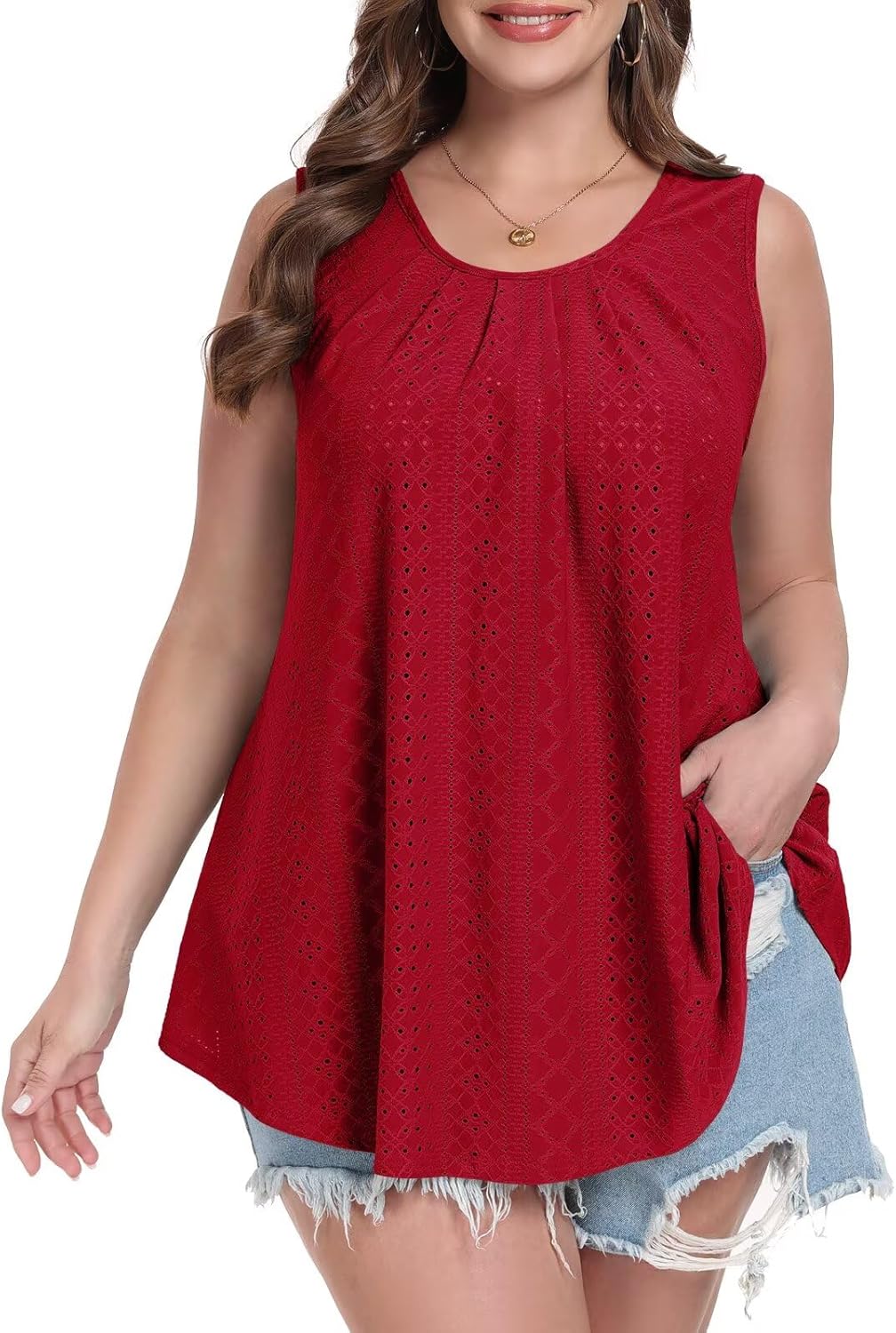 MONNURO Plus Size Tank Tops Summer Tops Eyelet Sleeveless T-Shirts Scoop Neck Loose Flowy Casual Tunic Shirts