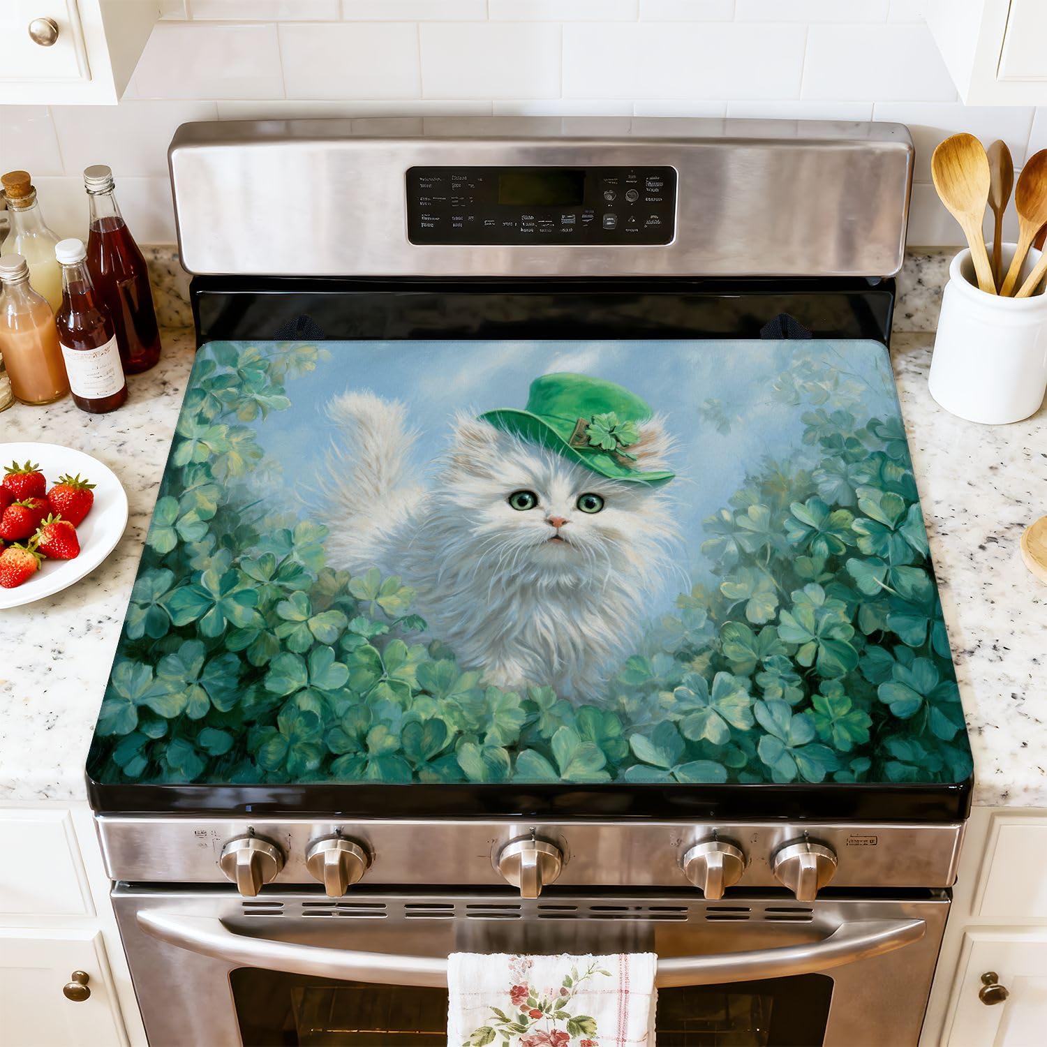 Stove Top Cover for Electric Stove Mischievous White Cat Clover Garden St Patrick s Day Decor Heat Resistant Glass Cooktop Protector Flat Top Oven Cover Mat Prevent Scratching 28" x 20"