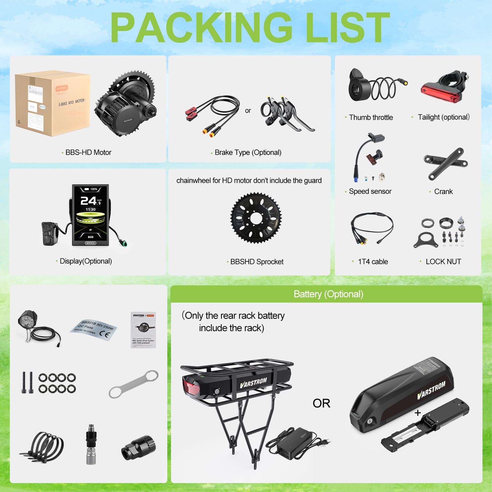 BAFANG 250W 350W 500W 750W 1000W Middle Motor Kit mit optionalem Akku, BBS01 BBS02B HD Mittelmotor DIY 8Fun E-Bike-Umbausatz mit LCD-Display & EBike-Akku für BB 68-120MM E-Bike.