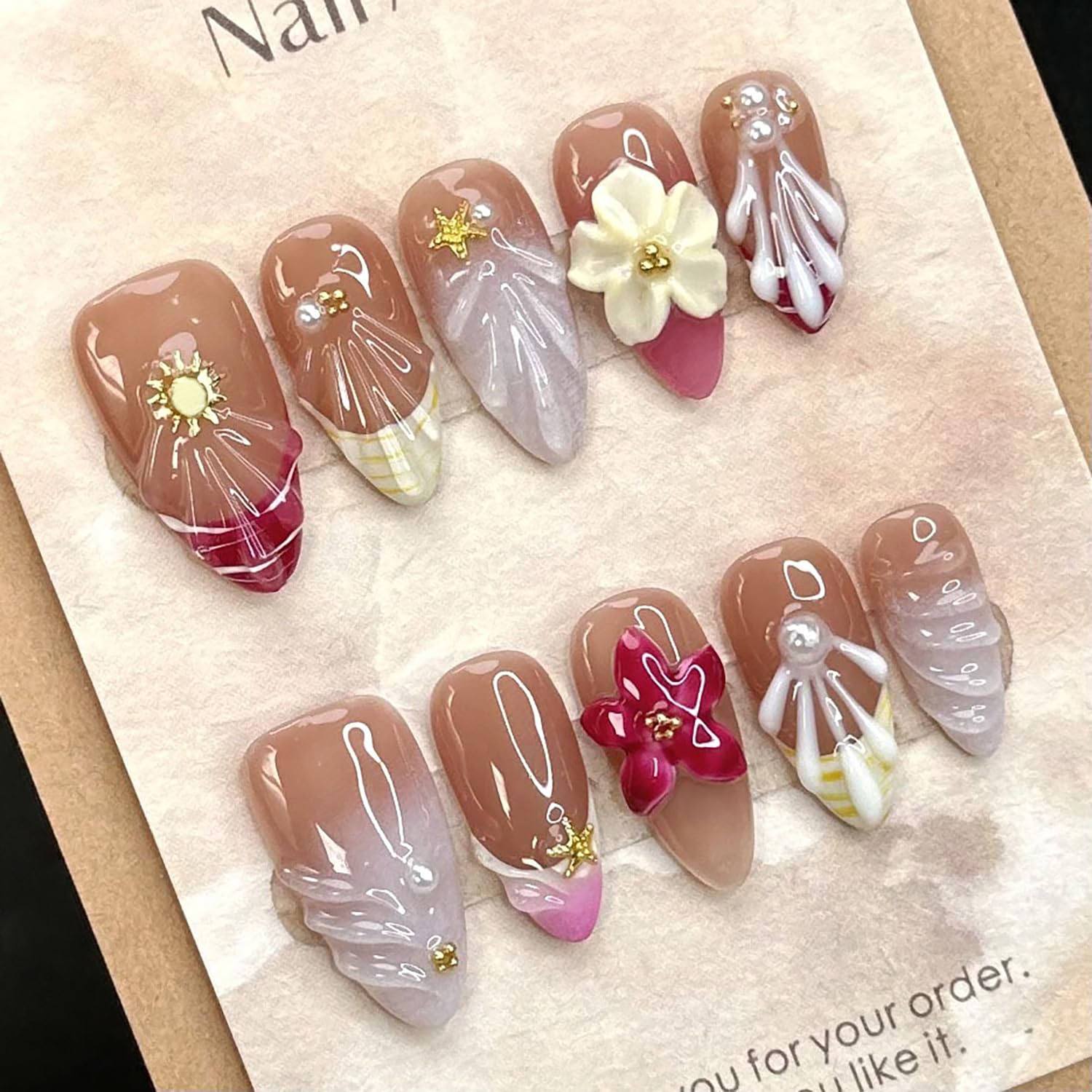 Handmade Press on Nails - Medium Almond with 3D Designs