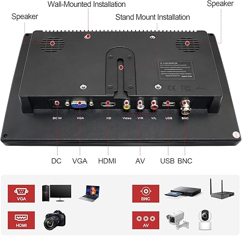 Vista 4 de Monitor de seguridad 10.1 "FHD CCTV Monitor de PC con VGA HDMI BNC AV entrada USB Altavoz incorporado 178 Gran angular para Raspberry Pi Game