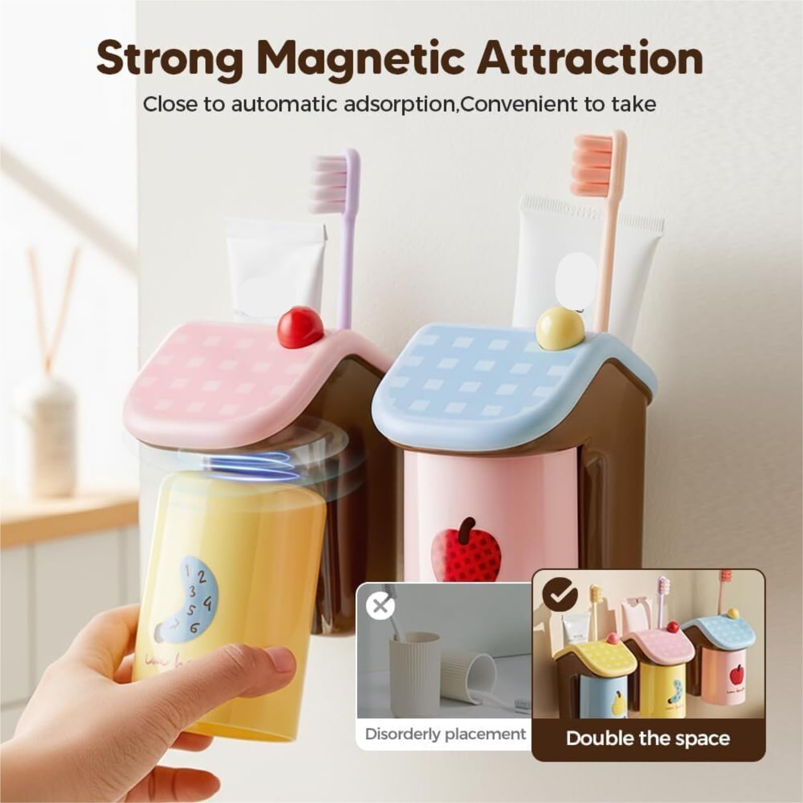 Portacepillos De Dientes para Baño Y Ducha Soporte Magnético For Cepillo De Dientes Baño con Taza, Estante For Enjuague Bucal, Montado En La Pared, Sin Taladro(Yellow)
