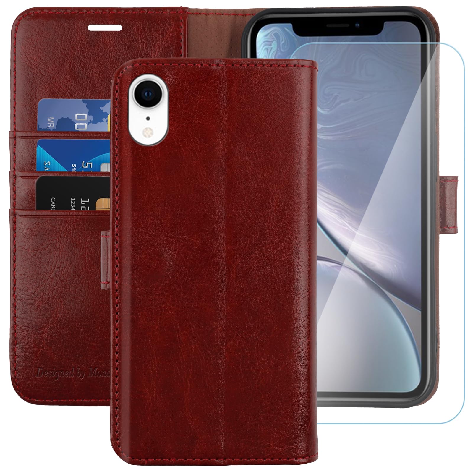 iPhone XR Wallet Case,6.1-inch,MONASAY [Glass Screen Protector Included] Flip Folio Leather Cell Phone Cover with Credit Card Holder for Apple iPhone XR (1burgundy)